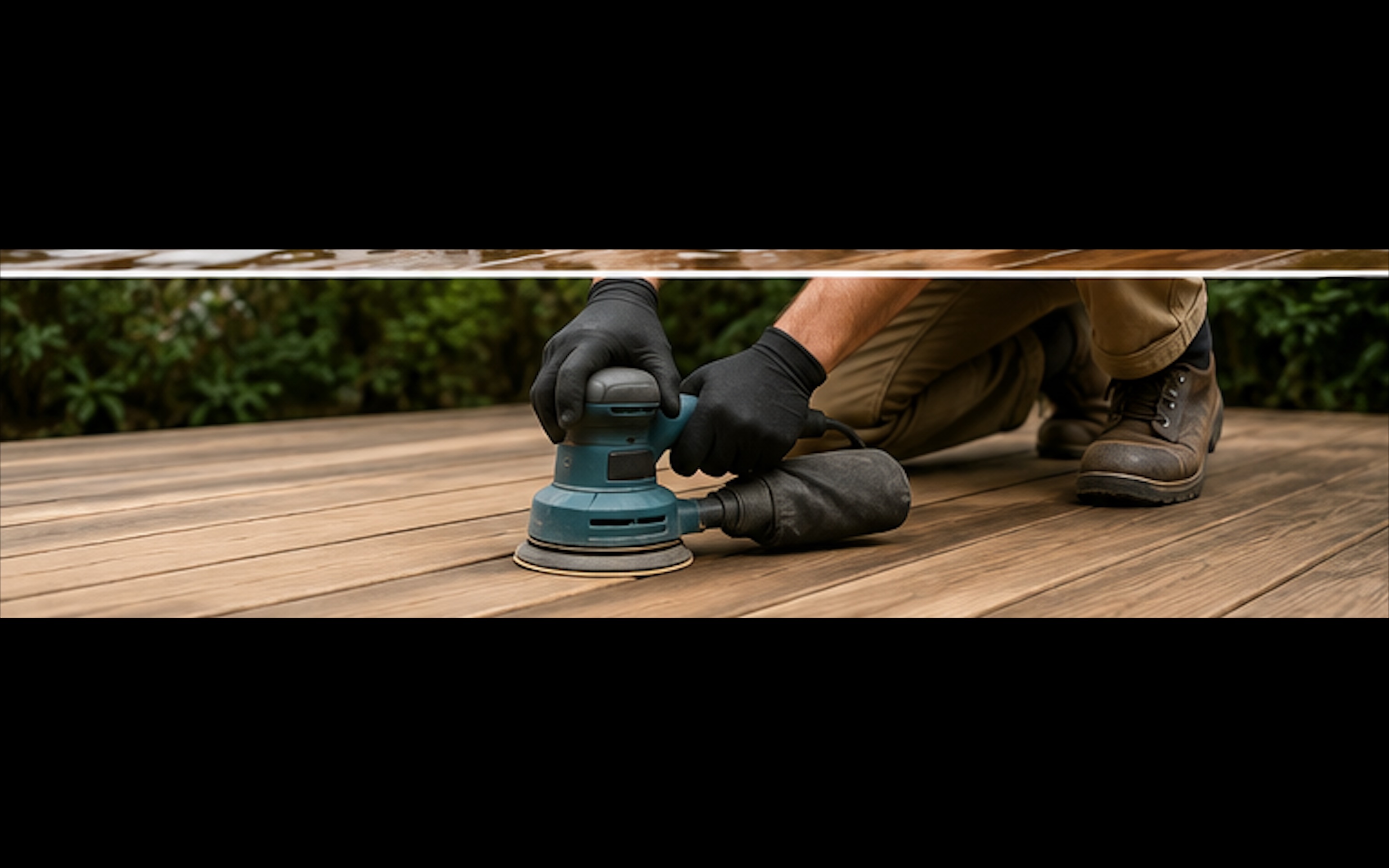 Person sanding exterior timber with an orbital sander